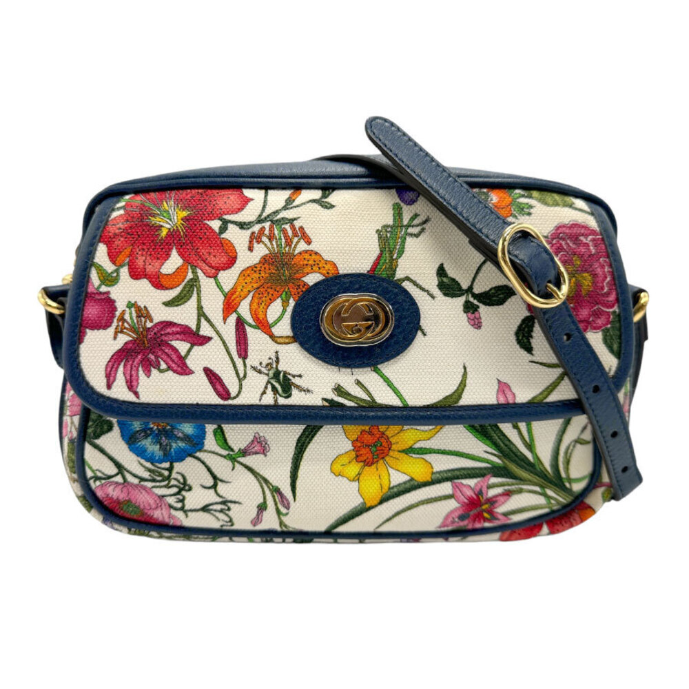 Gucci Flora Flower Crossbody Shoulder Bag Leather Multicolor Navy Blue
